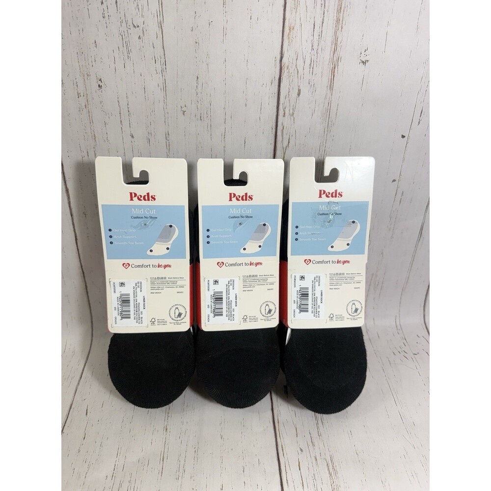 Peds Mid Cut Cushion No Show No Slip Socks Size 8-12 Black 3 Packs 18 Pairs - Picture 2 of 2